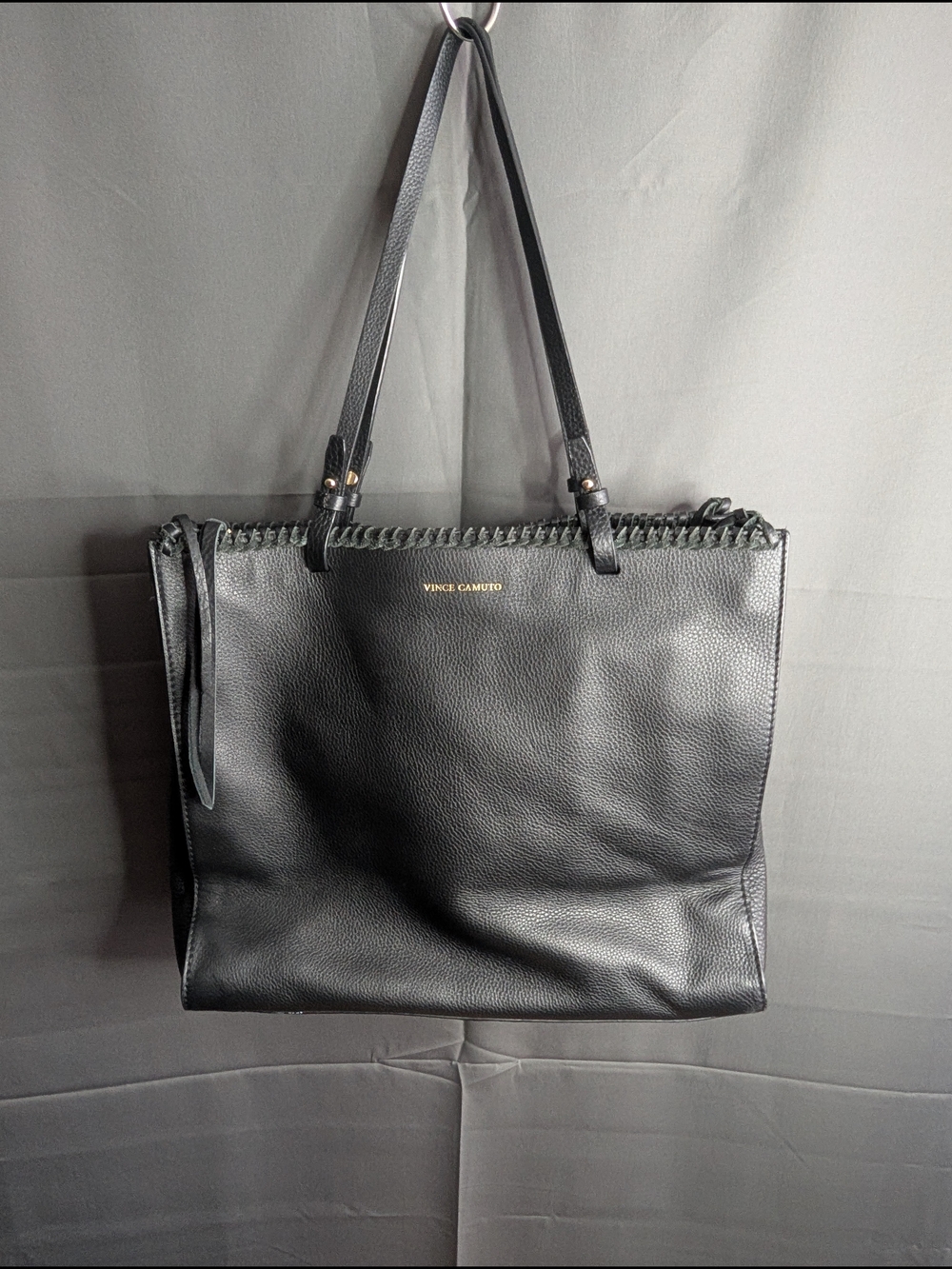 Vince Camuto Litzy Black Pebbled Leather Tote Bag Whipstitch Trim Large
